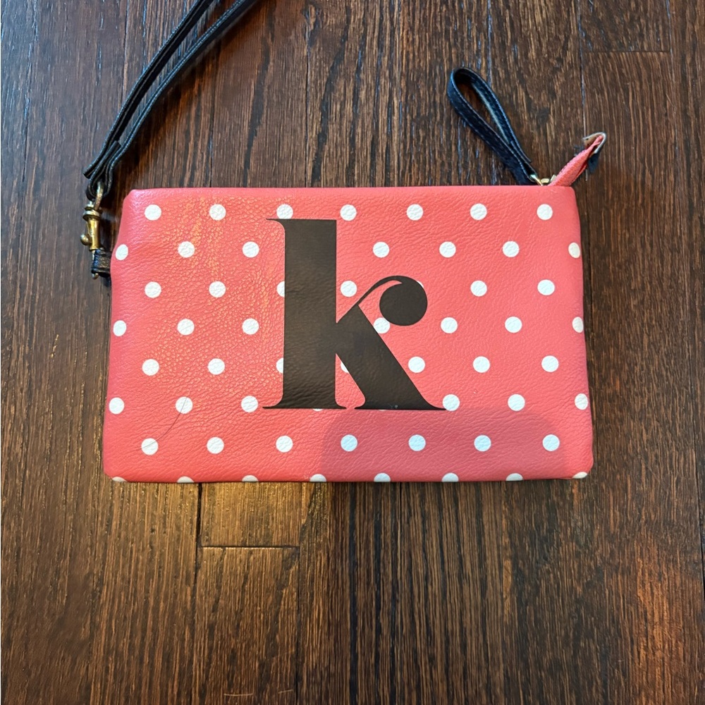 Pink Polka Dot Wristlet with Black Initial